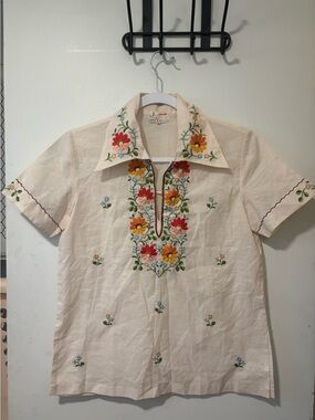 Vintage 70s Joy Embroidered Hippie Boho Blouse Hungarian Folk Top Shirt Sz M